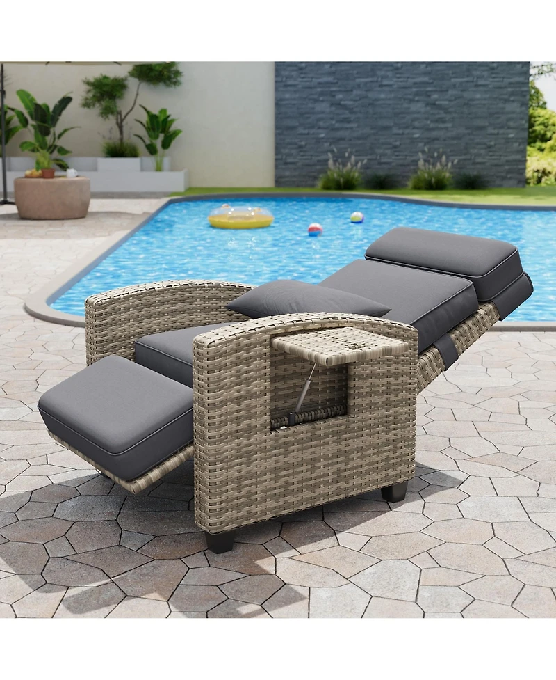 homfan Adjustable 150degree(s) Reclining Rattan Patio Chair – Outdoor Wicker Lounge with Air Pump, Cushion, Turn over-Up Side Table, Footrest