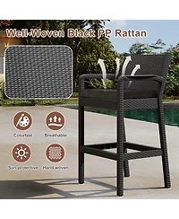 homfan set of 4 patio wicker bar stools with 30" counter height, thick cushions, backrest and footrest, ideal for backyard or pool seating.