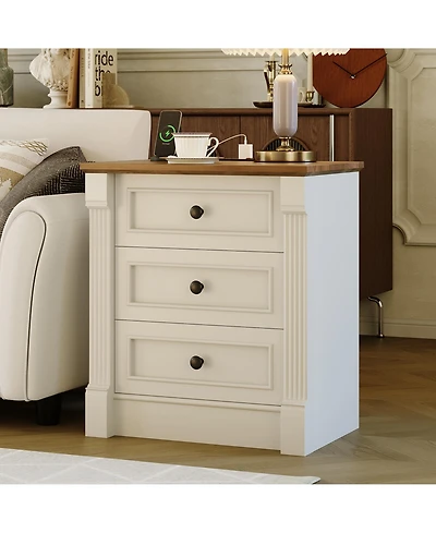 gaomon 23.6" Farmhouse Nightstand with Charging Station, 3 Drawers, Rustic Wood Bedside Table, Roman Column Design for Bedroom/Living