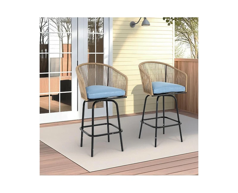 sumyeg Outdoor Bar Stools Set of 2, Rattan Bar Chairs with Armrests and Backrest for Patio or Garden