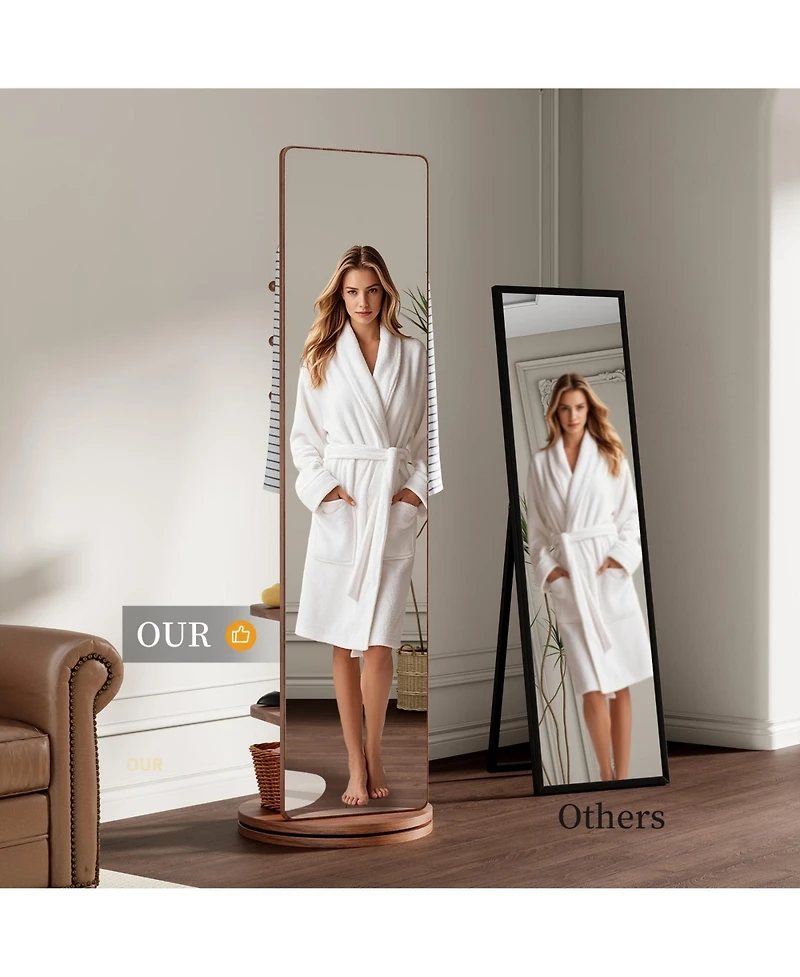Phying walnut 360° rotating full-length mirror with solid wood frame, hook storage rack, and coat rack, perfect for bedroom or living room use.
