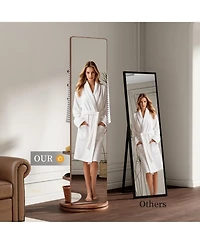 Phying walnut 360° rotating full-length mirror with solid wood frame, hook storage rack, and coat rack, perfect for bedroom or living room use.