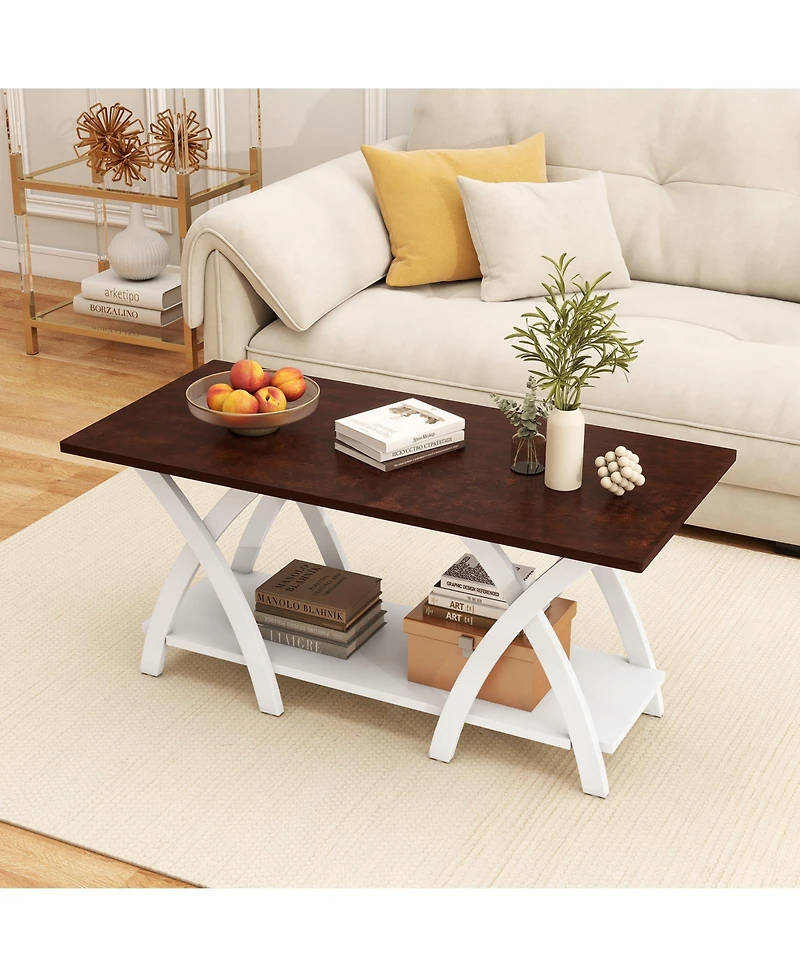 Gymax 2-Tier Coffee Table w/Storage Shelf and X-shaped Legs for Living Room Bedroom