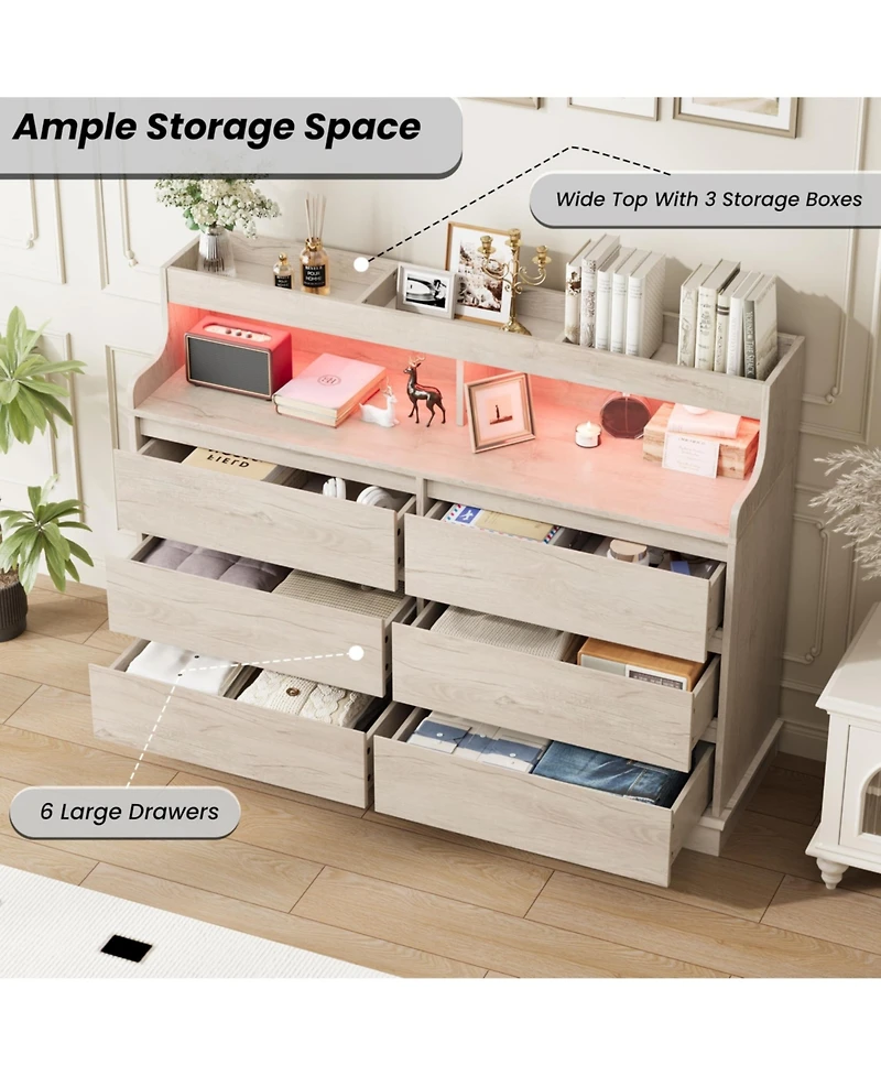 homfan Modern 6-Drawer Dresser and 51" Tv Stand - Led Lighting, Built-in Power Outlet, Spacious Storage Cabinet with Open Shelves