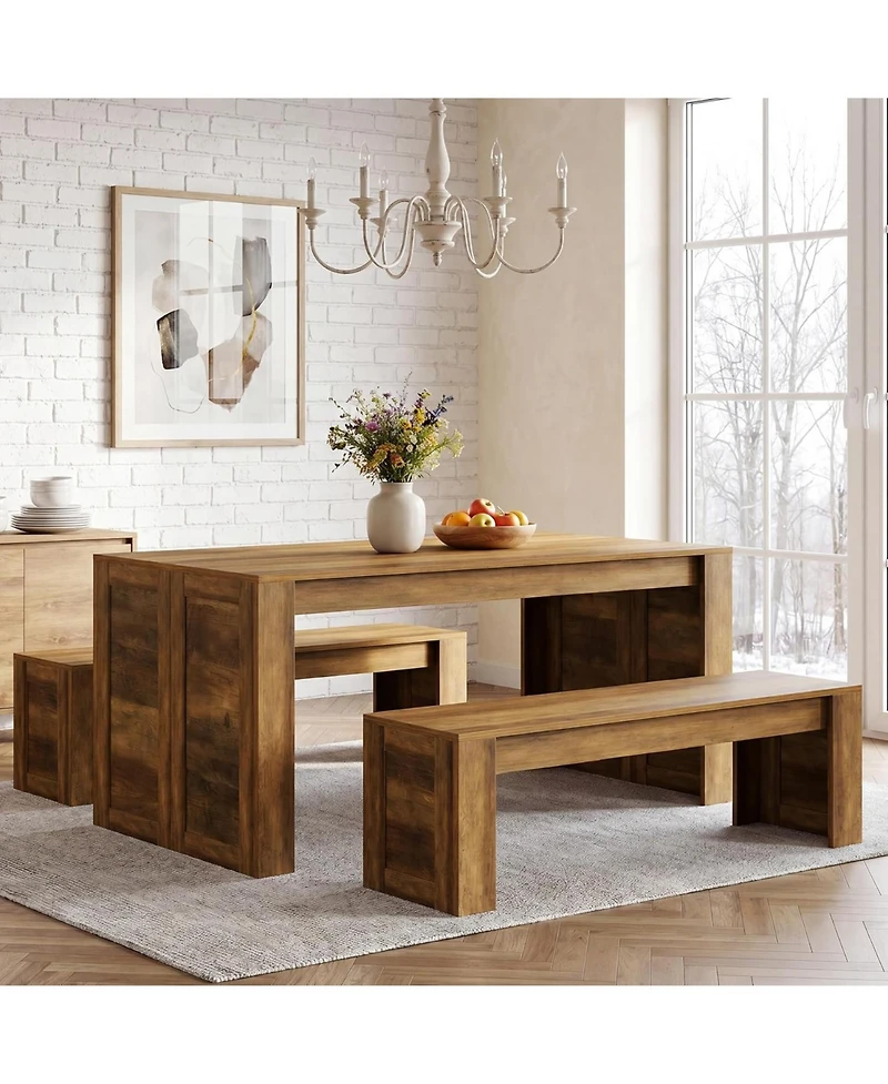 Tribesigns Farmhouse Dining Table Set for 4-6, Wooden Kitchen Table with 2 Benches