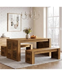 Tribesigns Farmhouse Dining Table Set for 4-6, Wooden Kitchen Table with 2 Benches