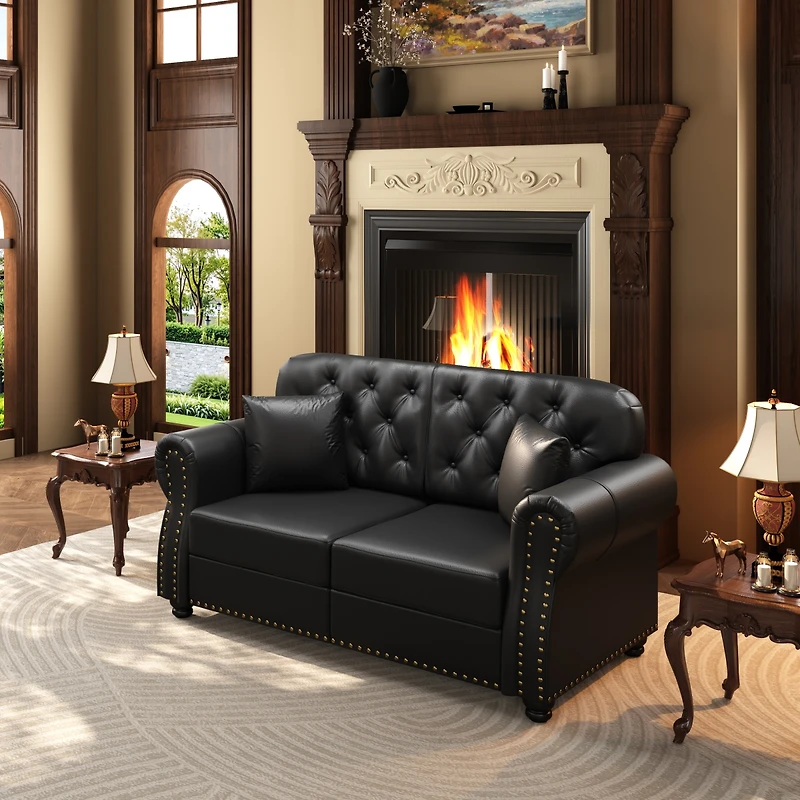 Streamdale Furniture Faux Leather Chesterfield Sofa with Nailhead Trim and 2 Pillows