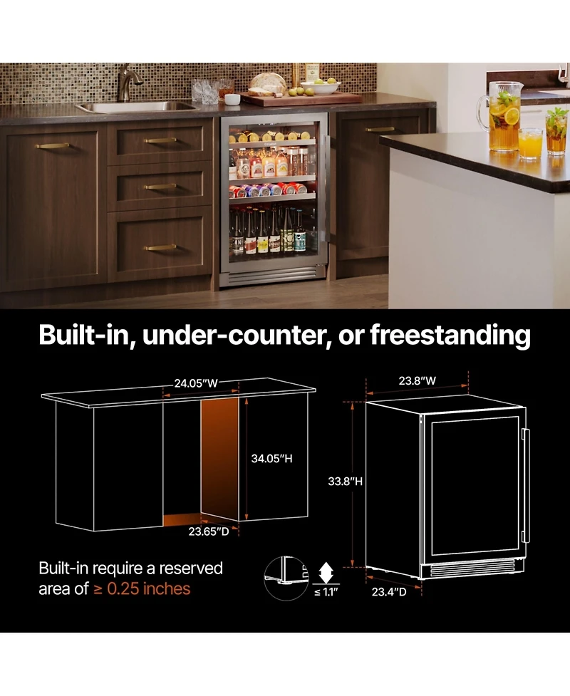 Ca'Lefort 24 inch Beverage Refrigerator cooler, 180 Cans, 34degree(s)F-54degree(s)F, Glass Door, 3LED, Built-In/Freestanding, 5.65 cu. ft.