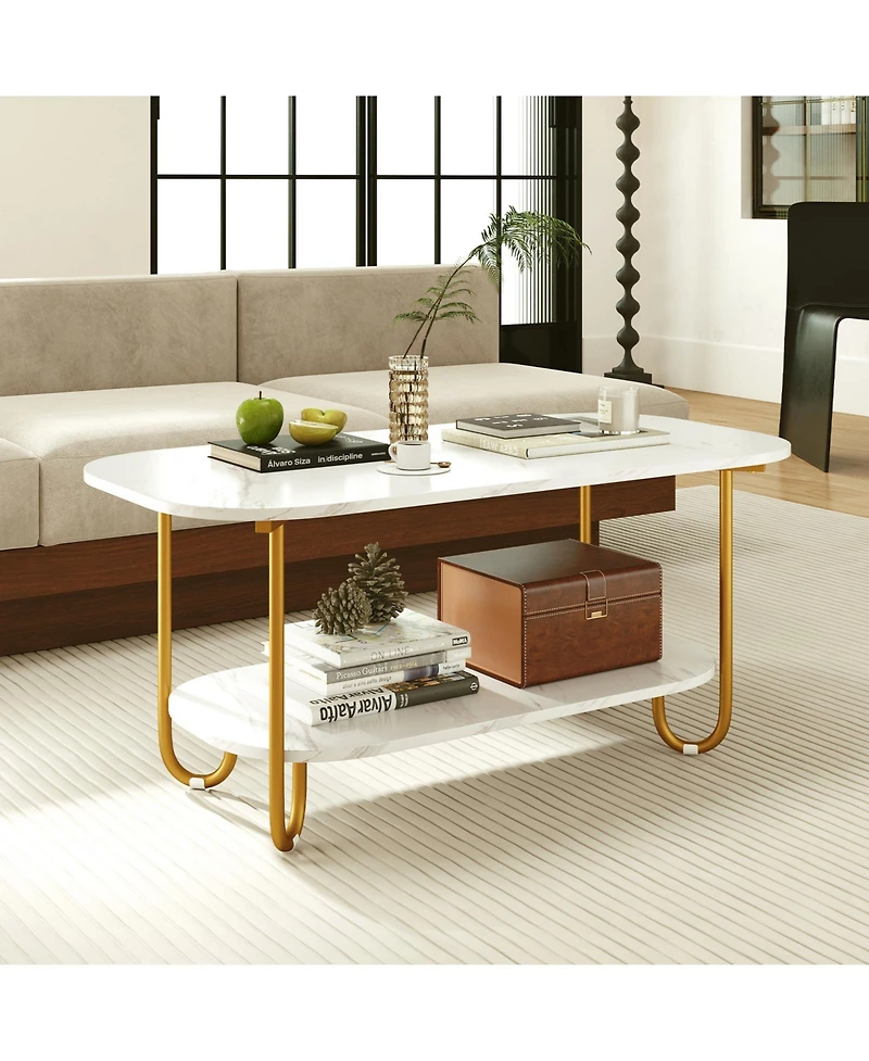 Gymax Faux Marble Top Coffee Table w/Metal Frame Rounded Corners and Storage Shelf