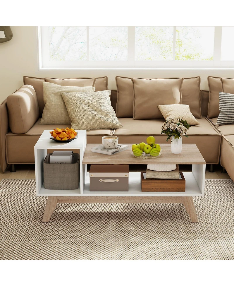 Gymax Coffee Table 43'' Center Table w/ Stepped Tabletop and Storage Compartments