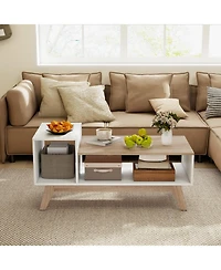 Gymax Coffee Table 43'' Center Table w/ Stepped Tabletop and Storage Compartments