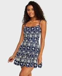Alexa & Sophia Juniors' Scoop Neck Embroidered Voile Dress with Skirt Ruffle and Lace Trim Detail