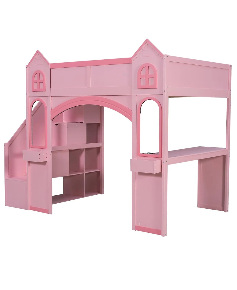 Streamdale Furniture Wood Castle Loft Bed with Storage, Desk, and Led Lights