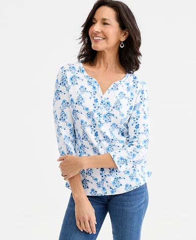 Style & Co Women's Printed 3/4-Sleeve Henley Top, Macy's Exclusive
