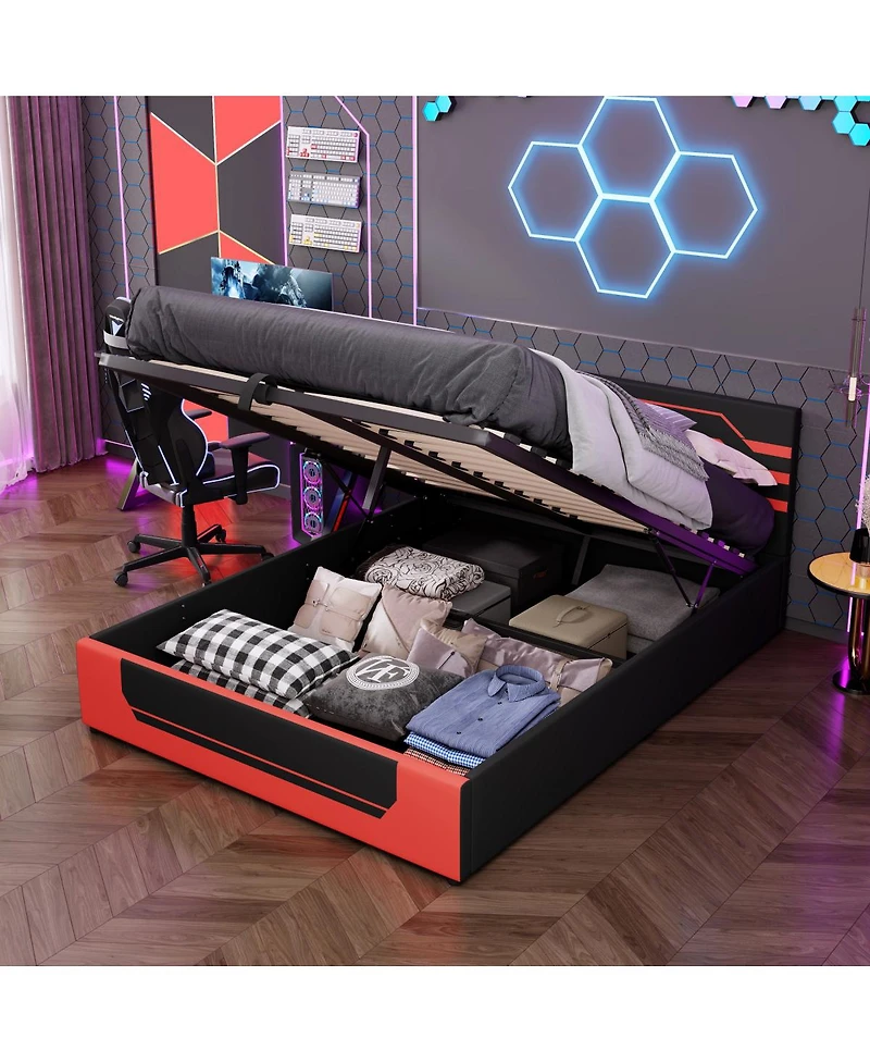 Streamdale Queen Size Hydraulic Storage Gaming Bed Frame, Cyberpunk Design, Black+Red