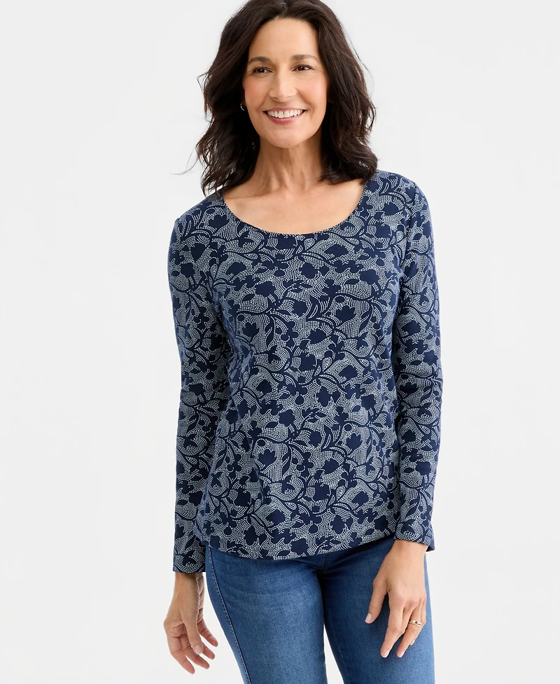 Style & Co Women's Printed Long-Sleeve Scoop-Neck Top, Macy's Exclusive