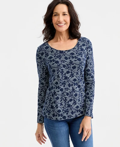 Style & Co Women's Printed Long-Sleeve Scoop-Neck Top, Macy's Exclusive