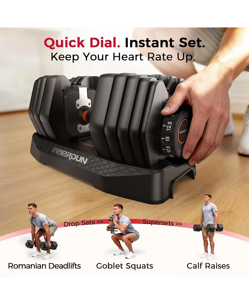 Fed Fitness 105LB Total Weight 15-in-1 Adjustable Dumbbell, Quick Dial 5-52.5LBS Heavy-Duty Single Dumbbell with Storage Box and Fitness App