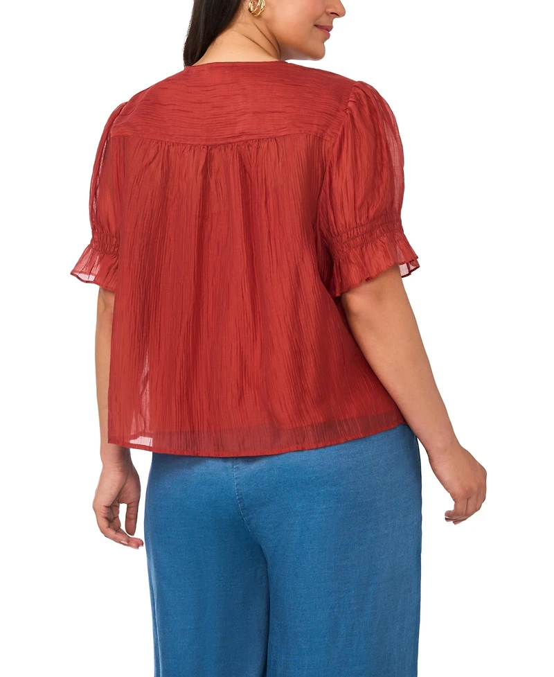 Vince Camuto Plus V-Neck Puff-Sleeve Pintuck Top