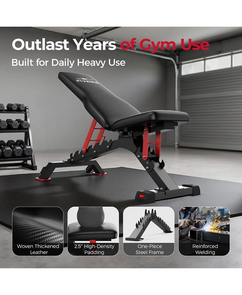 Fed Fitness 1300LBS Commercial Grade Weight Bench, Adjustable Flat Incline Workout Bench with 34'' Extra-Long Backrest and Easy-Roll Wheels