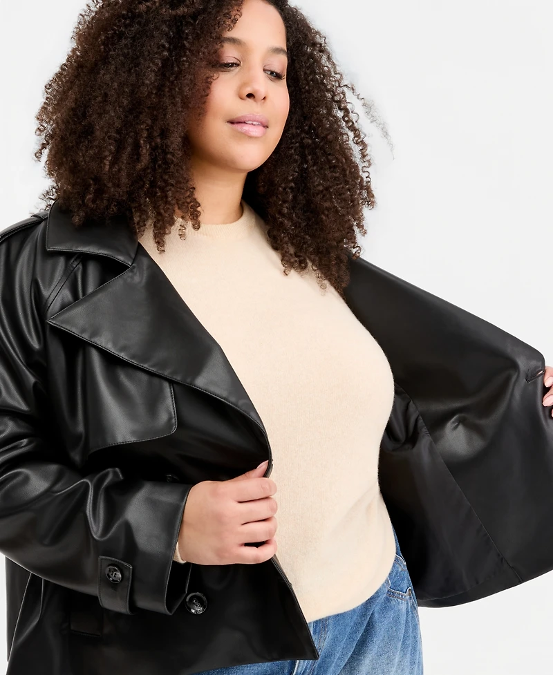 Maralyn & Me Trendy Plus Cropped Double-Breasted Faux-Leather Trench Coat