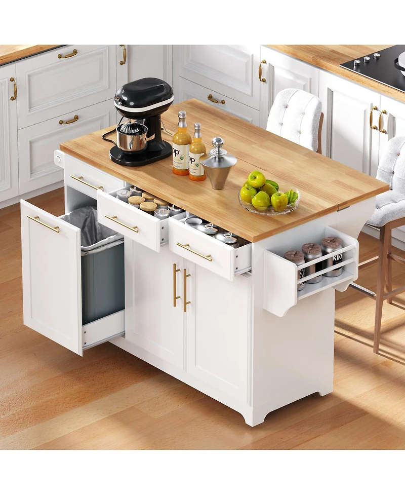 Streamdale Furniture 59.3 inch Rolling Kitchen Island with Drop Leaf, Storage, Power Outlet and Trash Bin