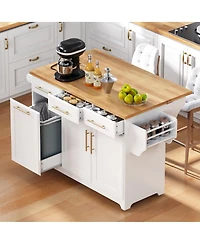 Streamdale Furniture 59.3 inch Rolling Kitchen Island with Drop Leaf, Storage, Power Outlet and Trash Bin