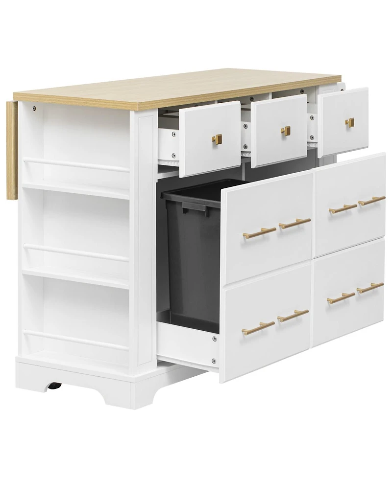 Streamdale Furniture Rolling Kitchen Island with Drop Leaf, 6 Drawers, Trash Storage and Power Outlet