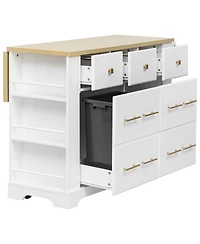 Streamdale Furniture Rolling Kitchen Island with Drop Leaf, 6 Drawers, Trash Storage and Power Outlet