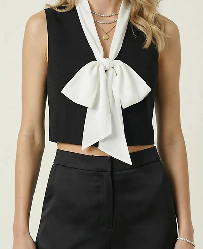 Modenaire Women's Contrast Bow Tie Neck Cropped Top