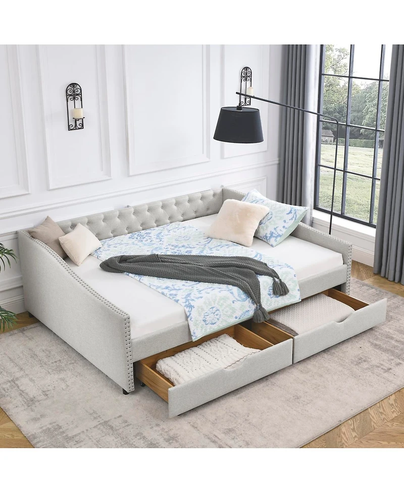 Streamdale Furniture Tufted Upholstered Queen Daybed with Drawers and Nailhead Trim