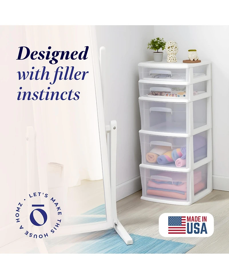 Homz Plastic 5 Drawer Medium Home Storage Cart, White Frame with Clear Drawer