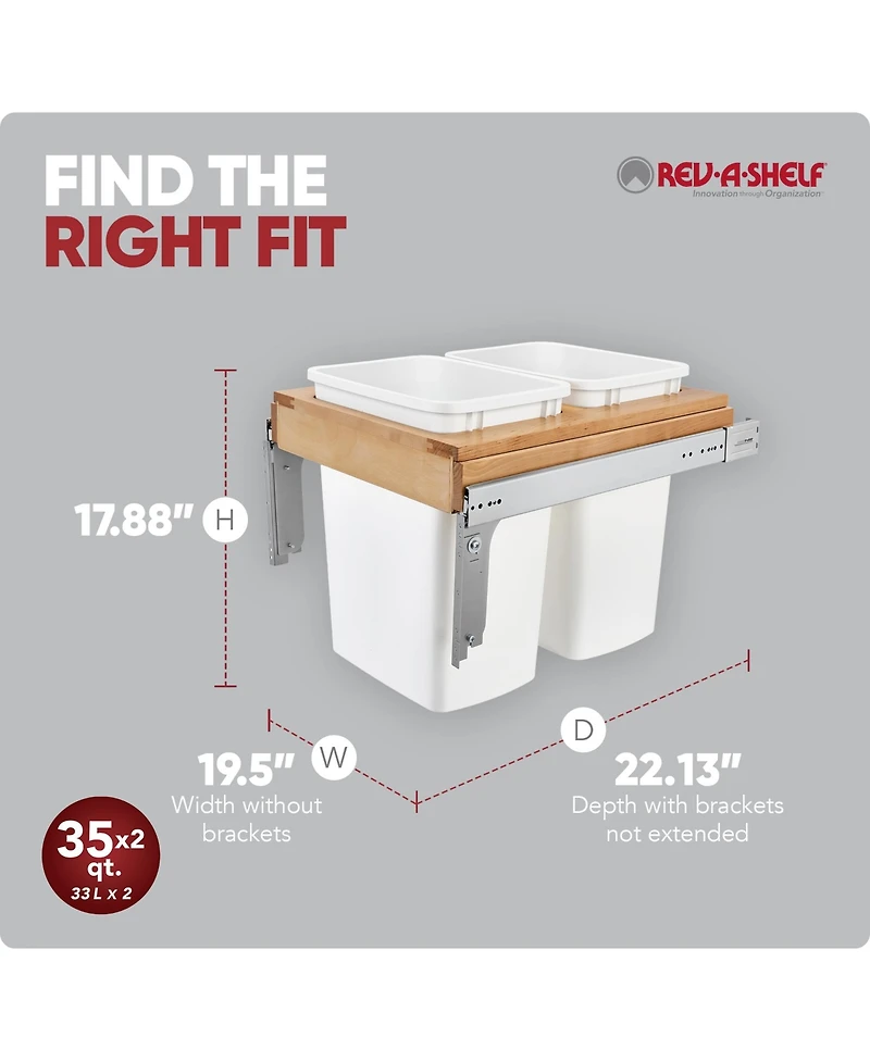Rev-a-Shelf Double Pullout Top Mount Trash Can, 35 qt., 4WCTM-21DM2-495-fl