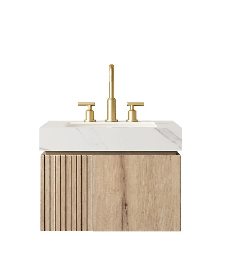 Sillysis 24 Inch Wall Mounted Bathroom Vanity with Carrara Sintered Stone Top, Ceramic Sink, Soft Close Cabinet, Pre-assembled