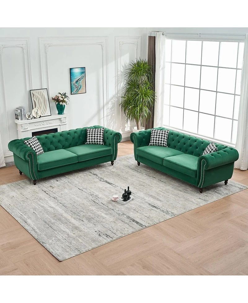 Streamdale Furniture Chesterfield 3+3 Seater Velvet Sofa with Roll Arms and Nailhead Trim