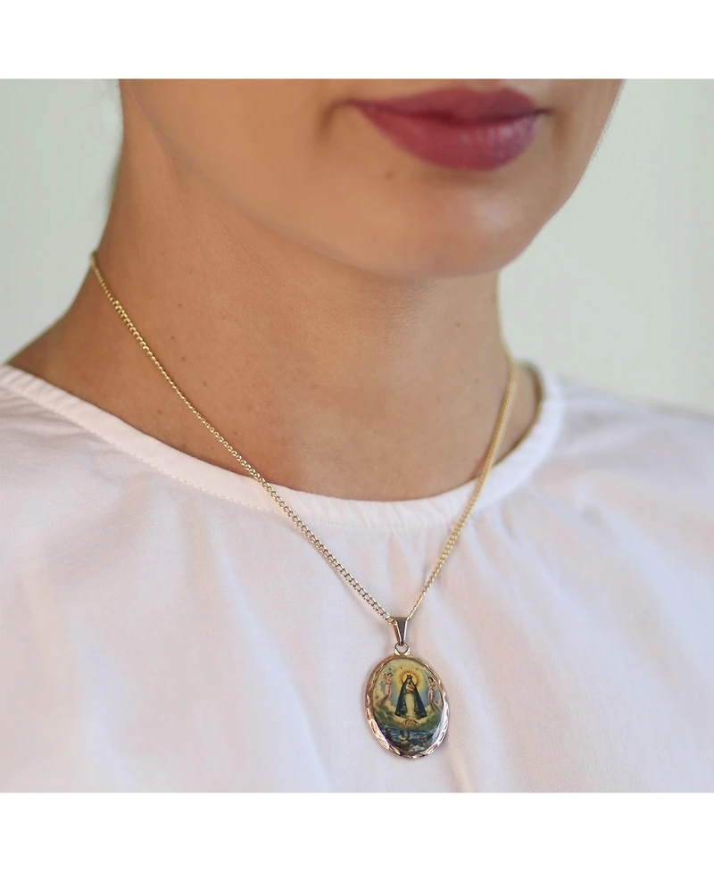 Bling Jewelry Religious Medal Oval Medallion Mother Virgin Mary Color Photo Pendant Necklace Gold Plated