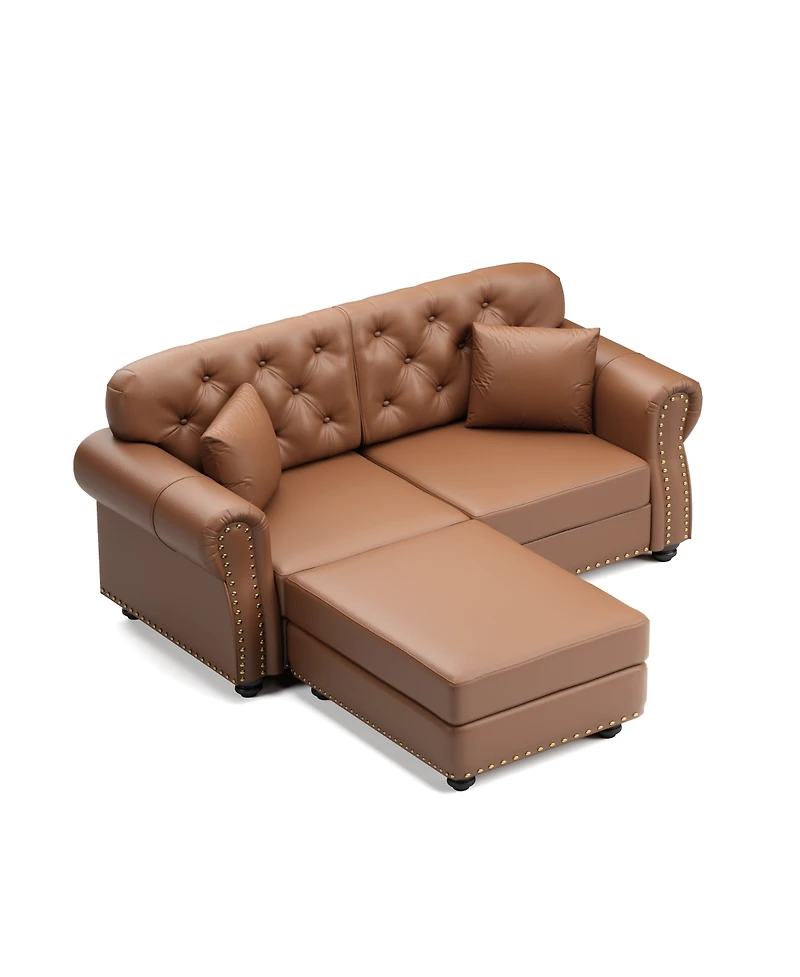 Streamdale Furniture 63" Faux Leather Chesterfield Sofa with Nailhead Trim and 2 Pillows
