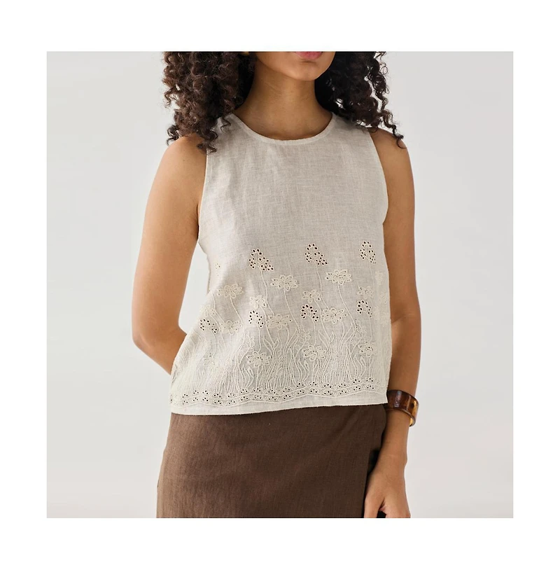 Reistor Women's Checkered Linen Embroidered Button-Back Top