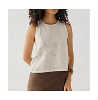 Reistor Women's Checkered Linen Embroidered Button-Back Top