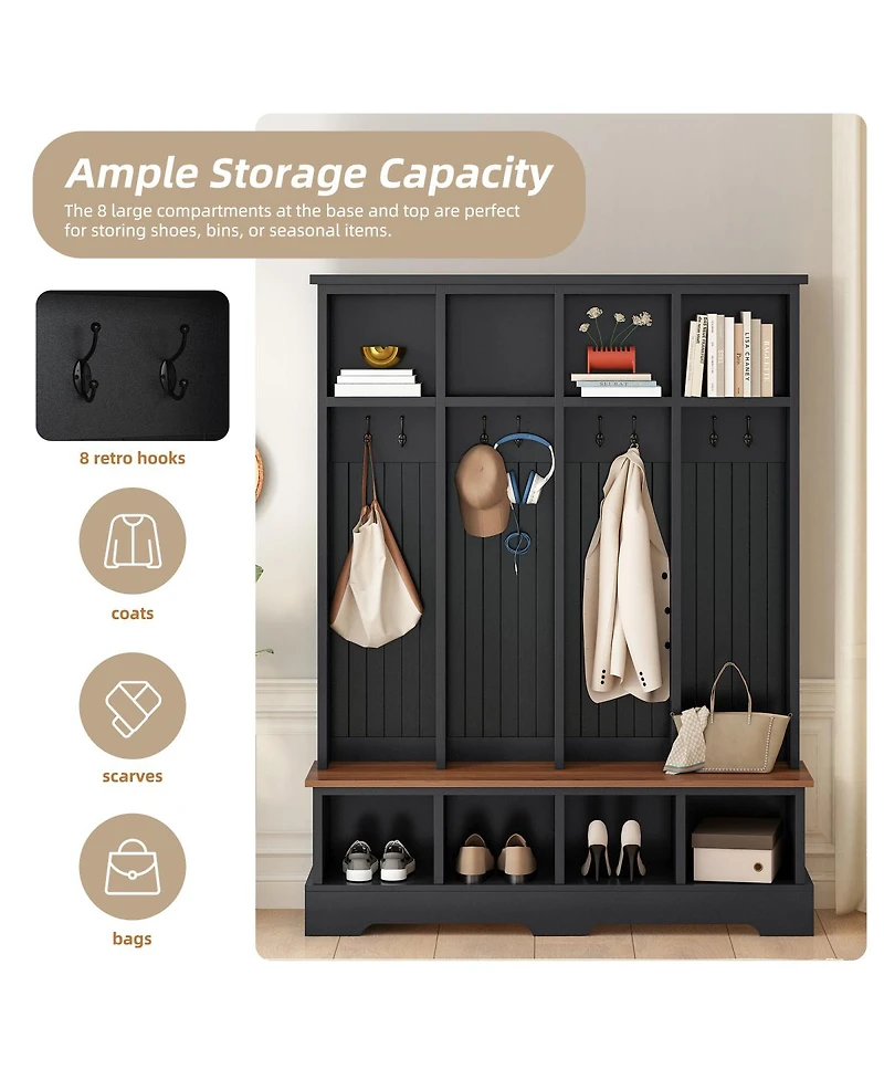Streamdale Furniture Farmhouse 3-in-1 Hall Tree with Bench, 8 Hooks, and Shoe Storage