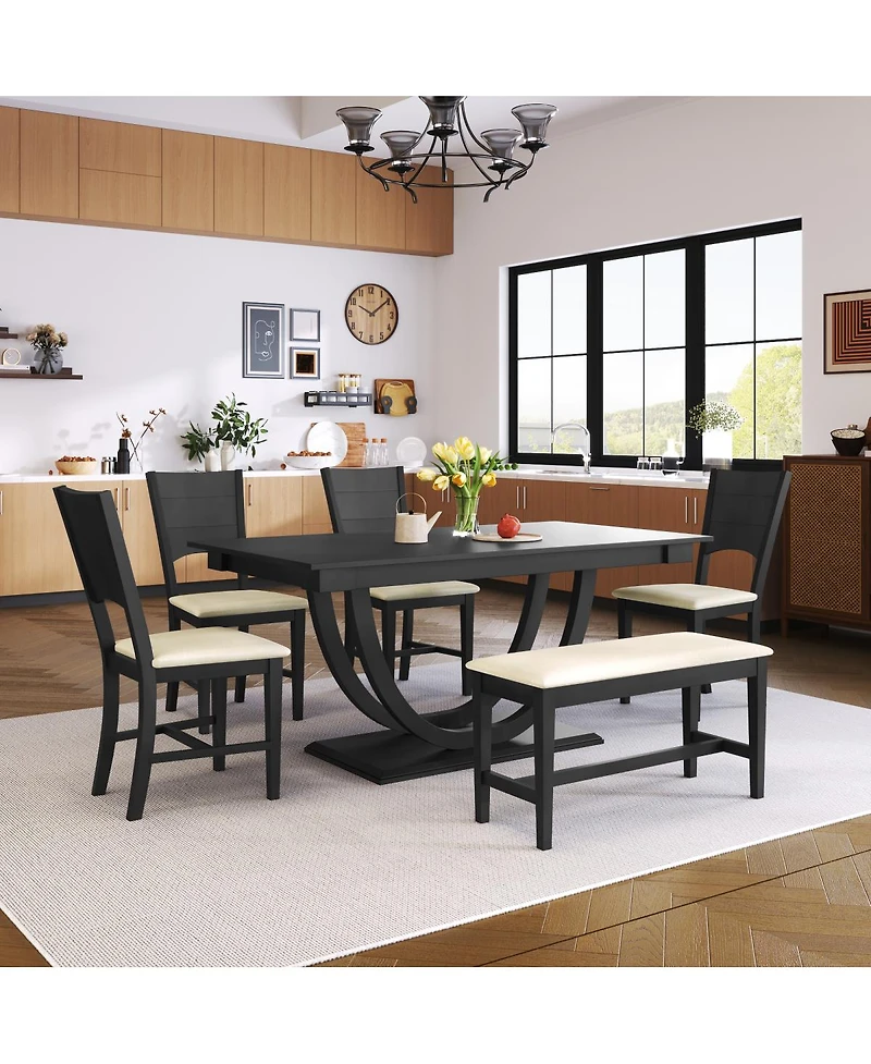 Streamdale Furniture 6 Piece Wood Half Round Dining Table Set with Bench and 4 Chairs