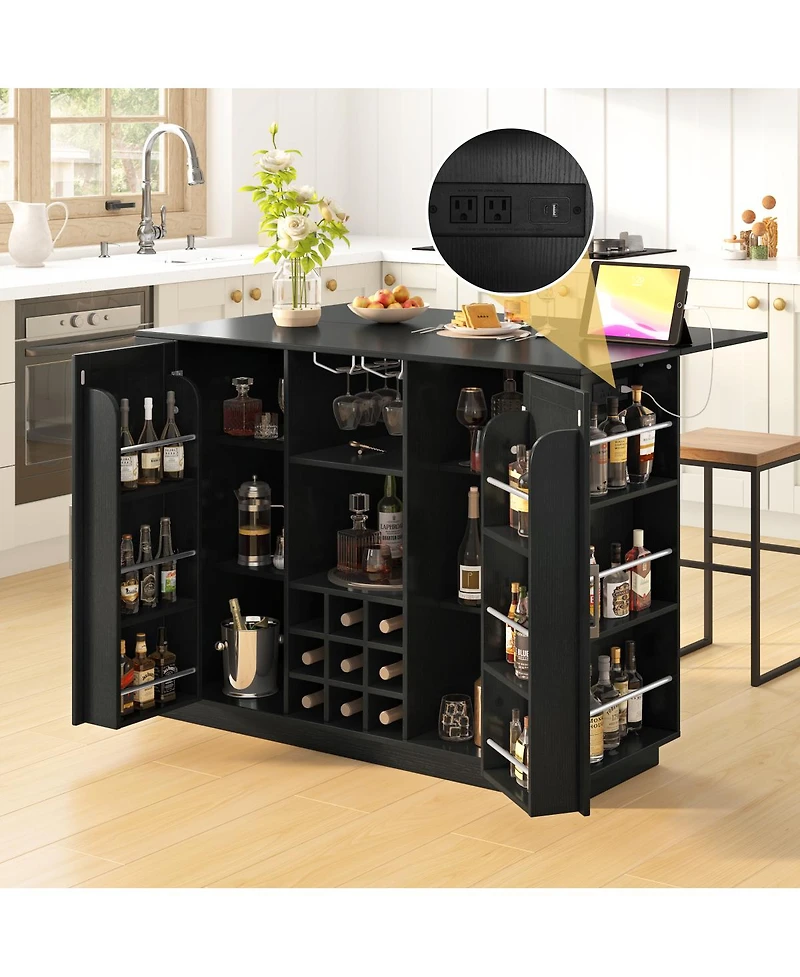 Streamdale Furniture U-Style 47.2" Counter Height Bar Cabinet with Foldable Top and Power Outlet