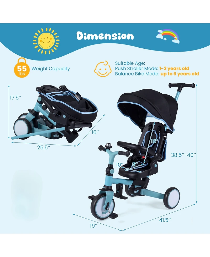 Slickblue Toddler Tricycle 8-in-1 with Push Handle and Canopy