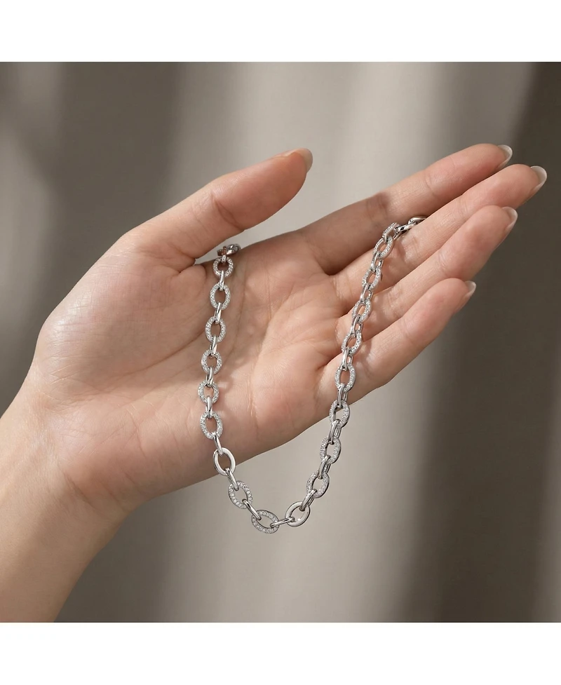 Genevive Brilliant Gold Plated Micro Cz Pave Oval Link Necklace