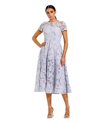 Mac Duggal Women's Elegant Lace A-Line Midi Dress with Bow Detail