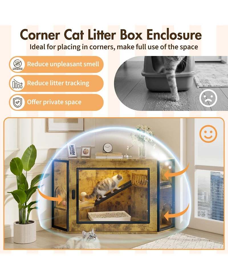 Streamdale Furniture 48" Corner Cat Litter Box Enclosure with Led Light, Stairs, and Acrylic Door