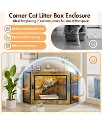 Streamdale Furniture 48" Corner Cat Litter Box Enclosure with Led Light, Stairs, and Acrylic Door