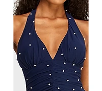 B Darlin Juniors' Halter Mesh with Pearls Gown Ruched Bodice