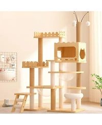 Streamdale Furniture 66.9" Modern Wood Cat Tree with Sisal Scratching Posts and Acrylic Hammock