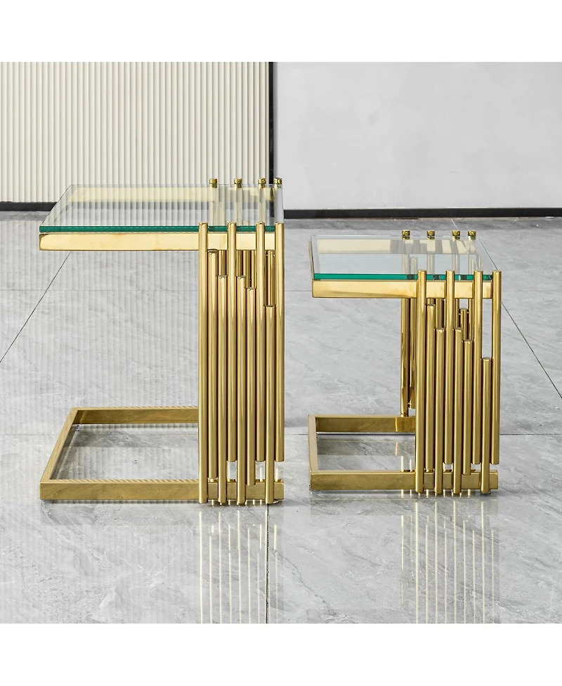 Streamdale Furniture 2-Piece Gold Tempered Glass Coffee Table Set with Stainless Steel Frame
